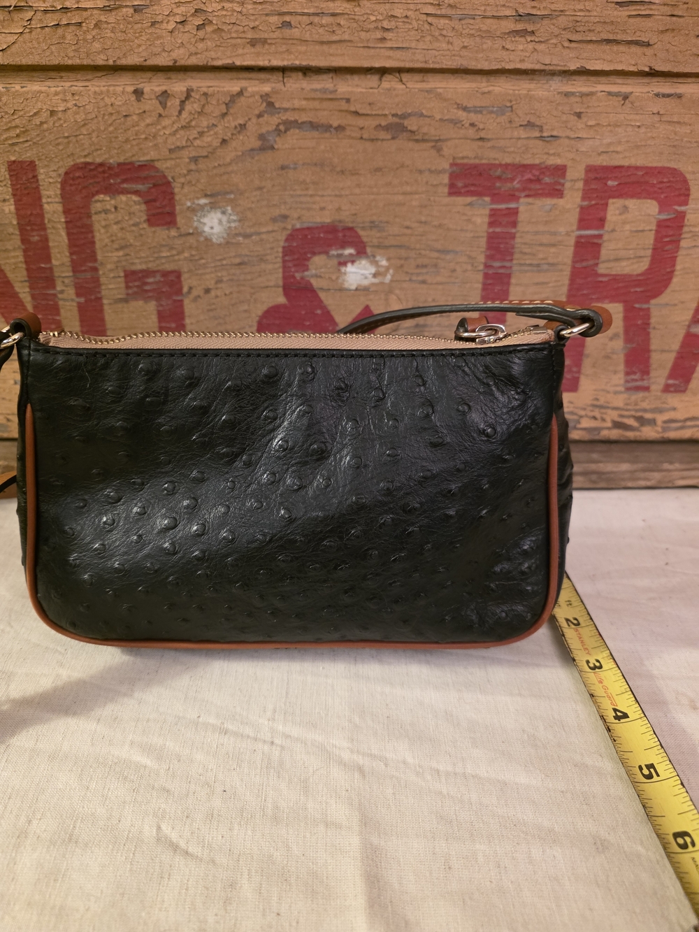Dooney & Bourke Black Ostrich-Embossed Crossbody with Tan Trim - Picture 7 of 16